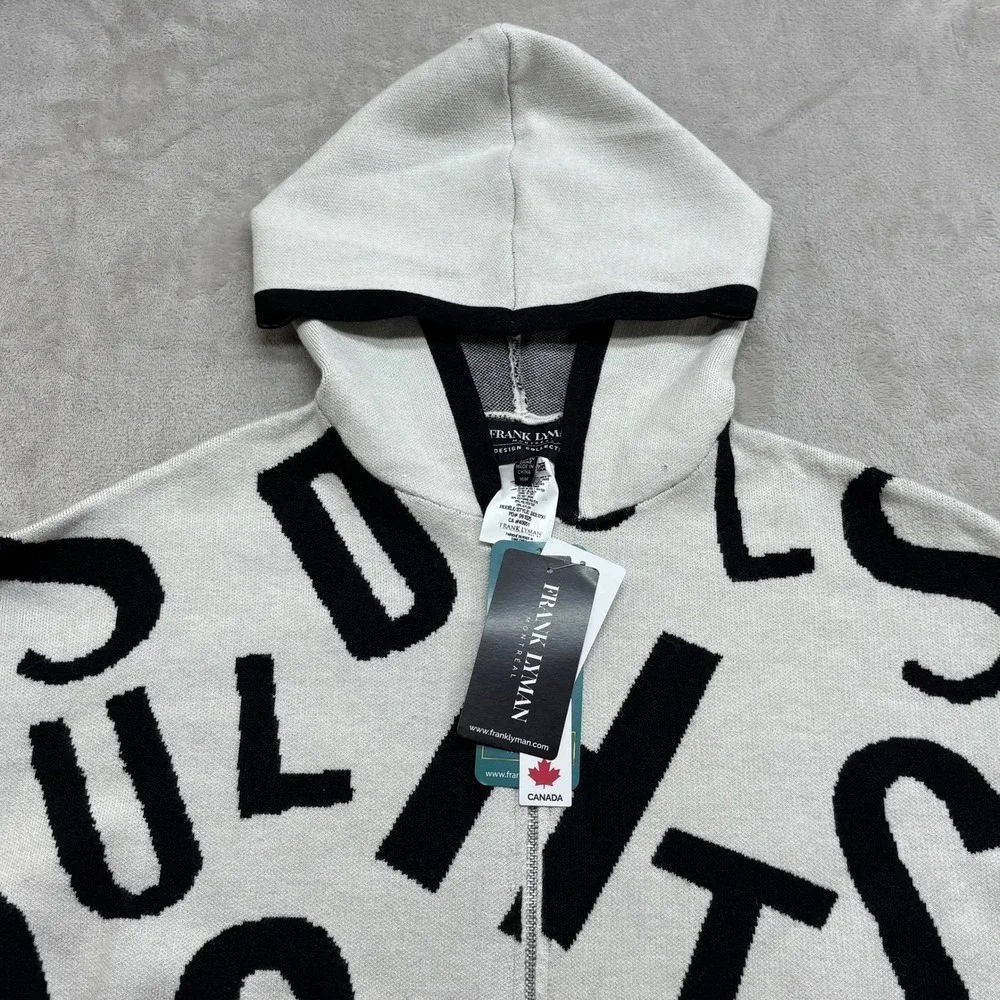 Frank Lyman Zip Hooded Cardigan Womens M White Black Alphabet Chic Avant Garde